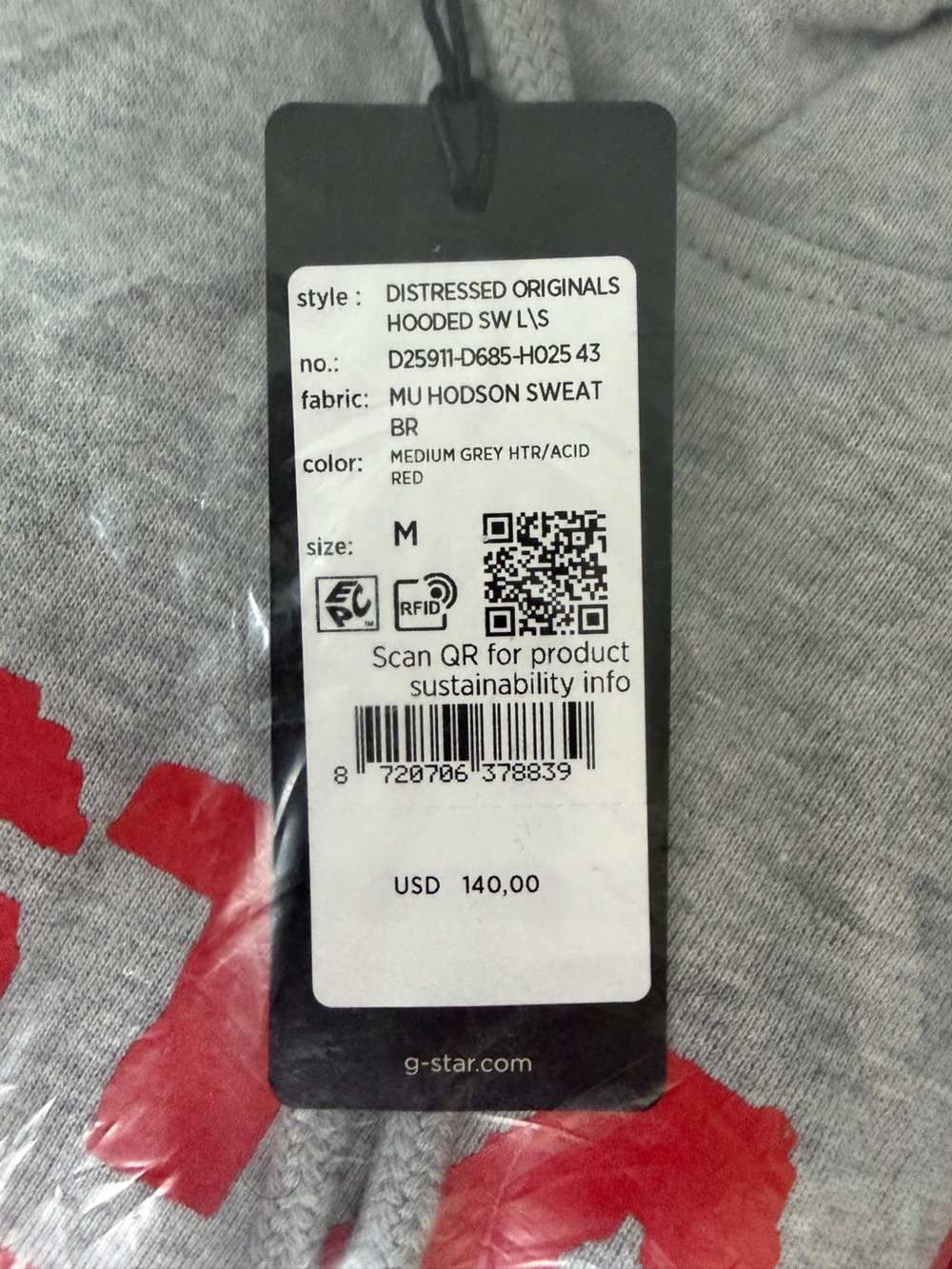 G-Star Light Heather Gray Logo Pullover Hoodie w- Red Logo Medium.  NWT - Picture 2 of 10
